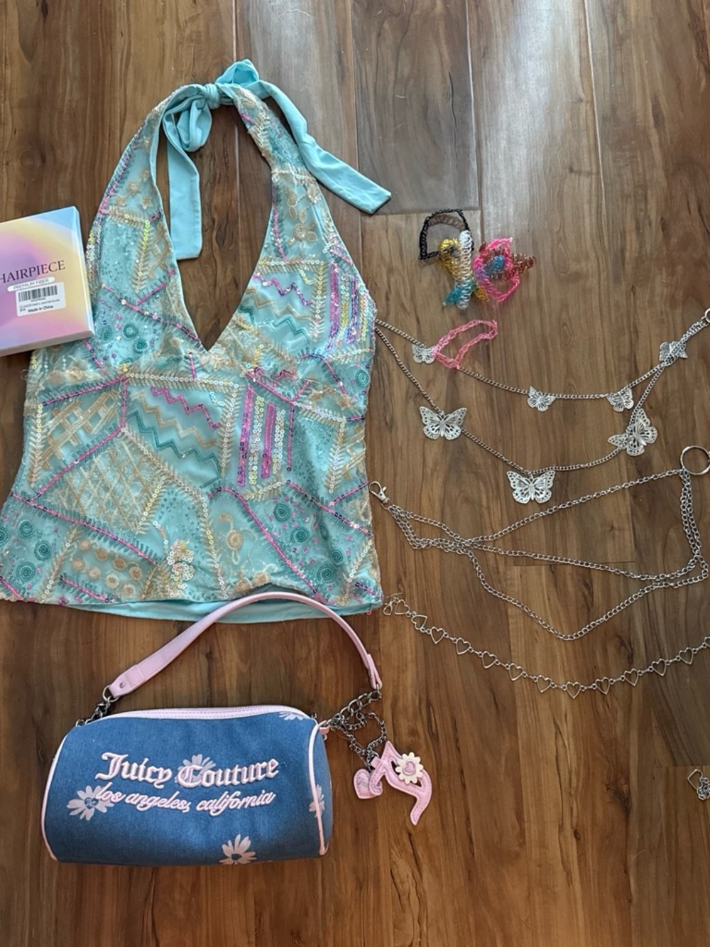 Y2K Bundle: sequined halter top, belt chains, juicy couture bag, tattoo chokers